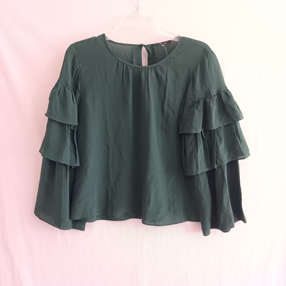 Madewell Ruffle Sleeve Top Womens S Green NWT 100% Silk H3469 Tiered Blouse